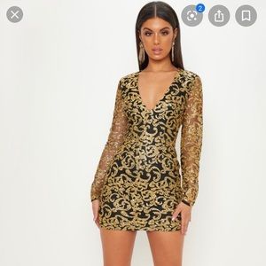 pretty little thing long sleeve gold glitter dress